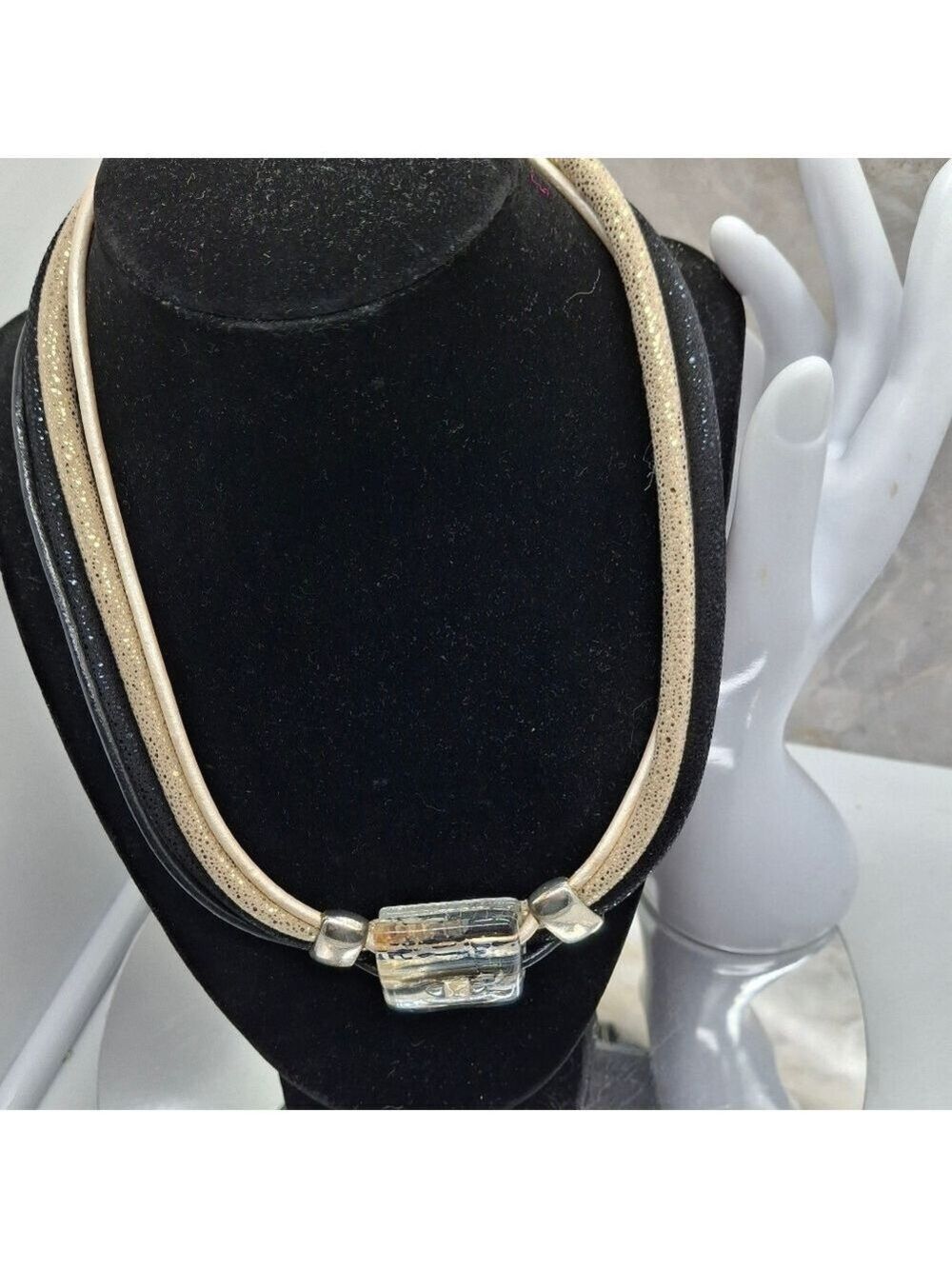 Black and Tan 4 strand Wide Corded Necklace With Glass Pendant 18"